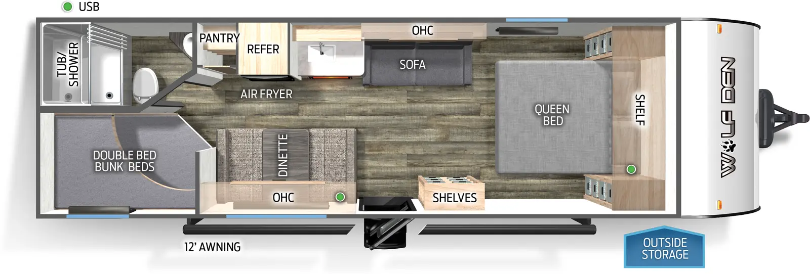 The 26EV has zero slideouts and one entry. Exterior features outside storage, and 12 foot awning. Interior layout front to back: foot-facing queen bed with shelf above; off-door side sofa with overhead cabinet, kitchen counter with sink, refrigerator, air fryer, and pantry; door side shelves, entry, dinette, and overhead cabinet; rear off-door side full bathroom; rear door side double bed bunk beds.